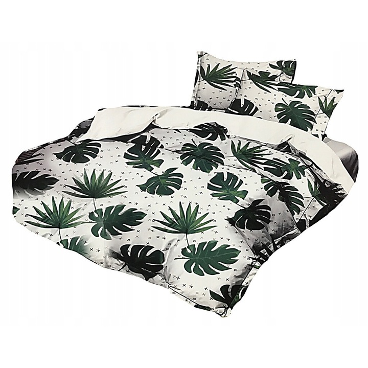 Lenjerie de pat, Feretti, 160x200cm, 70x80cm, set 3 piese, microfibra, alb cu flori Monstera