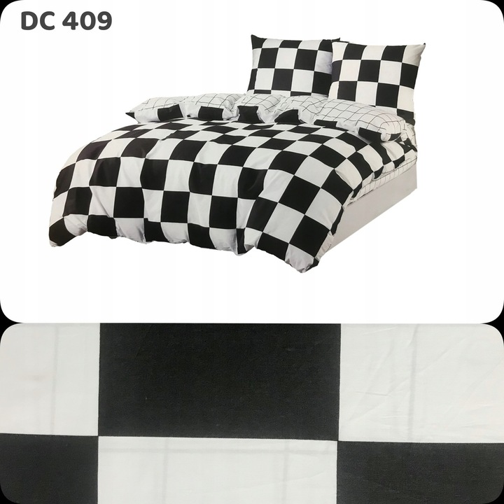 Lenjerie de pat Feretti, 200x220cm, 100% bumbac satinat, set cu 2 perne 70x80cm, alb-negru, carouri