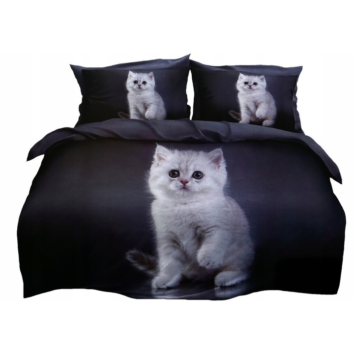 Lenjerie de pat pentru copii, Feretti, microfibra, husa pilota 140x200cm, 2 fete perna 70x80cm, model pisica