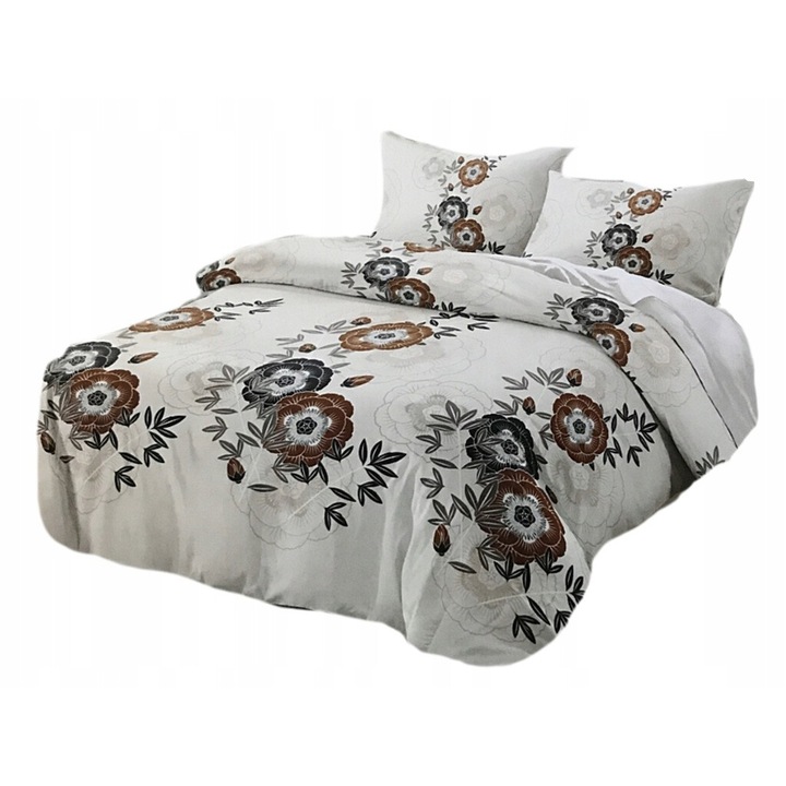 Lenjerie de pat Feretti, 160x200cm, 2x perne 70x80cm, microfibra, alb cu flori, set 3 piese