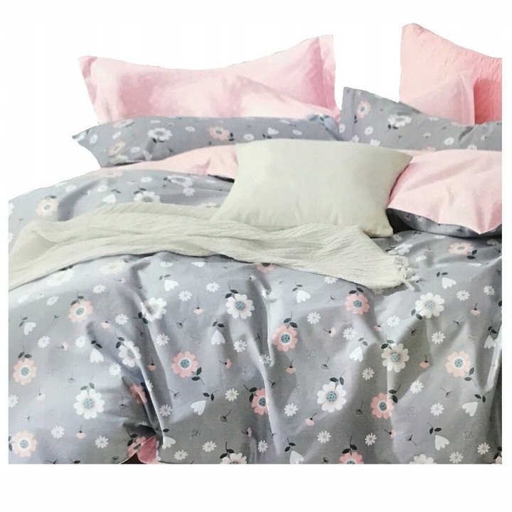 Lenjerie de pat, Feretti, 160x200cm, 2 perne 70x80cm, bumbac satinat, roz cu flori