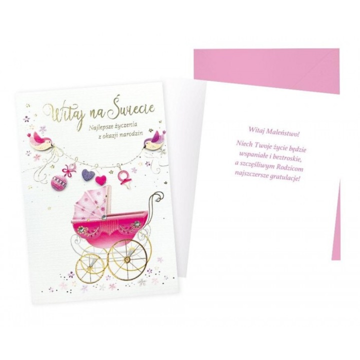 Felicitare B6 Kukartka Narodzin pentru fetita, 16.6x11.7cm, cu envelopa, colorata, diverse decoratiuni