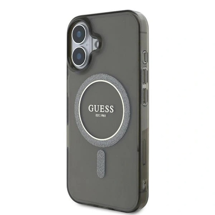 Husa telefon Guess IML Glitter Circle MagSafe, negru, pentru iPhone 16 Plus, protectie solida, design elegant