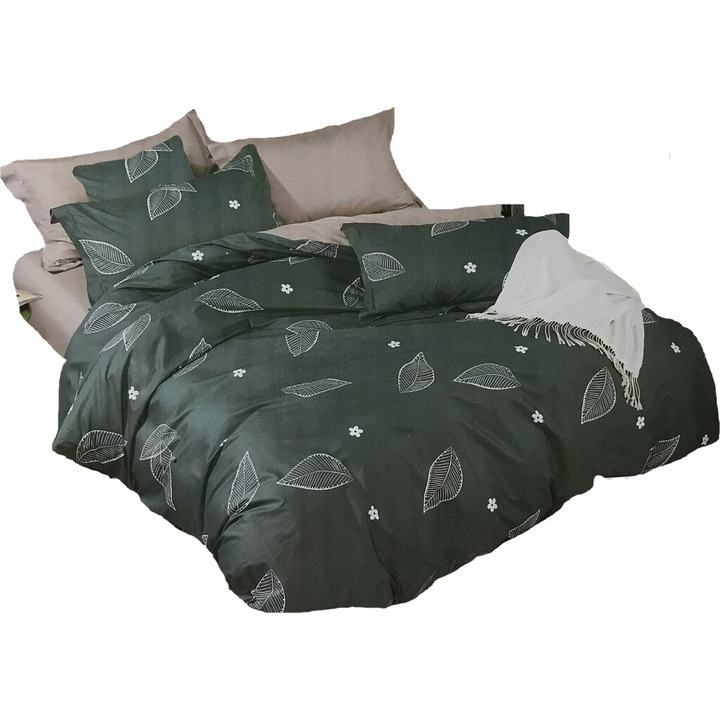 Lenjerie de pat, Feretti, 160x200cm, 2 perne 70x80cm, bumbac satinat, verde cu contururi de frunze