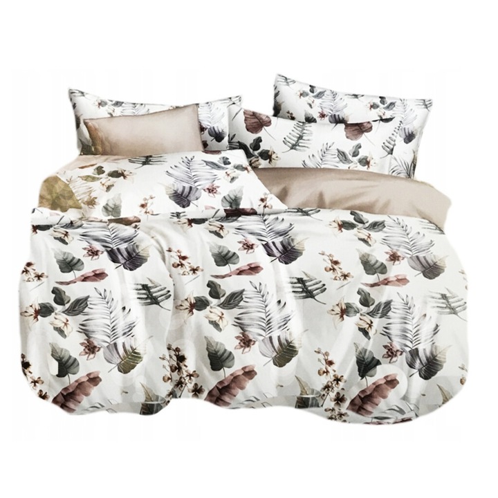 Lenjerie de pat Feretti, 160x200cm, 2x perne 70x80cm, microfibra, satin, alb cu flori, set 3 piese