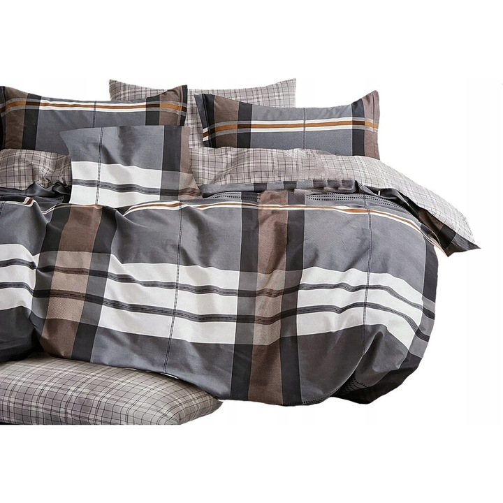 Lenjerie de pat, Feretti, 200x220cm, 2 posh, gri/beige, set cu carouri