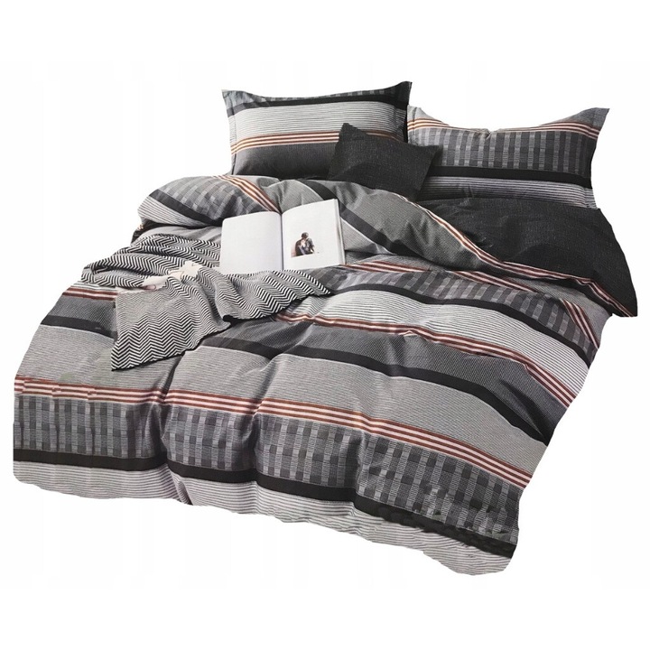 Lenjerie de pat, Feretti, 200x220cm, 2 poshese 70x80cm, gri cu dungi rosii, bumbac satinat