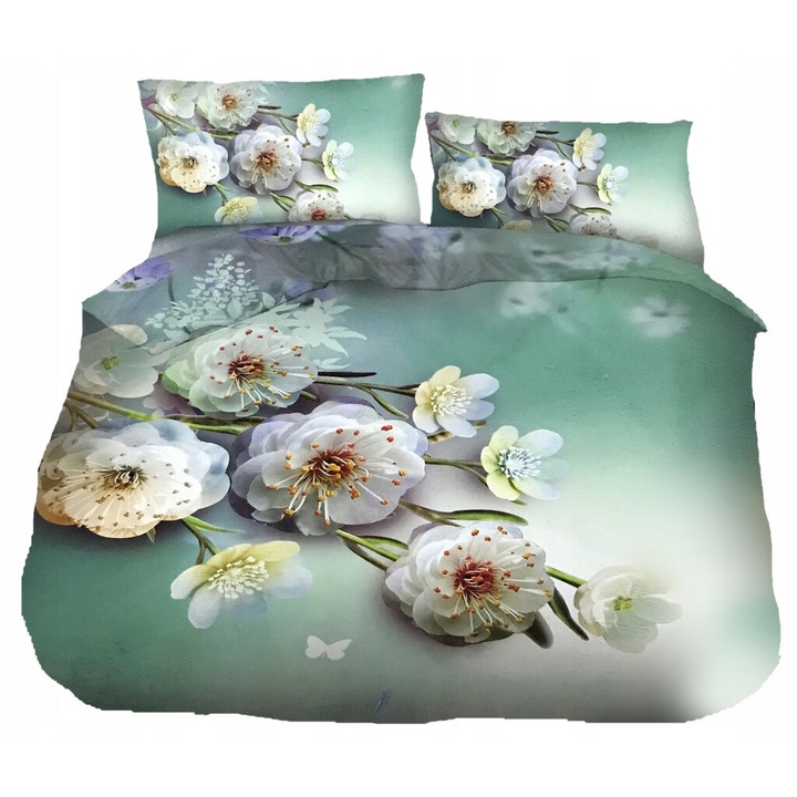 Lenjerie de pat 160x200, Feretti, 2x perne 70x80, microfibra, turcoaz cu flori, set 3 piese