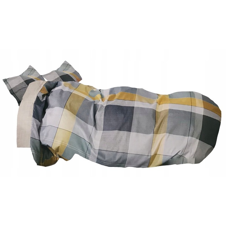 Lenjerie de pat 160x200, Feretti, bumbac satinat, gri/bleu/galben, set cu perne