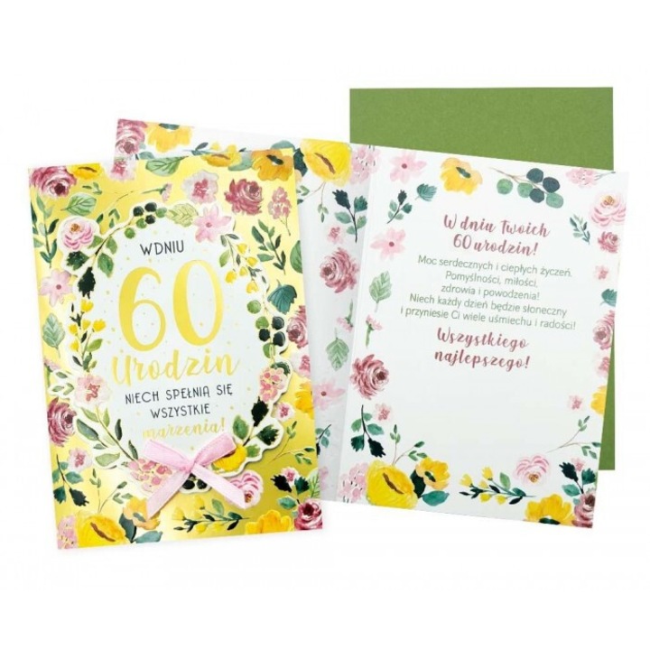 Karnet B6 Születésnap 60, Kukartka, virágok, 16.6x11.7cm, borítékkal