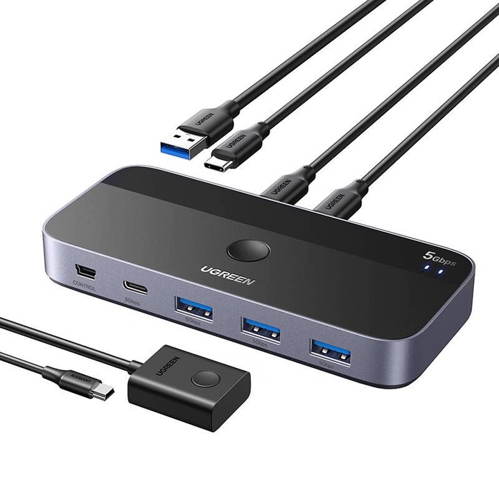 Превключвател Ugreen CM687 USB-C KVM, 5 Gbps, 4 USB 3.0 порта, комплект с кабели