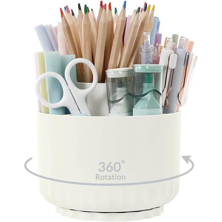 Suport articole birou ComResi®, organizator desktop rotativ 360°, 5 compartimente, 12x12x11cm, Alb