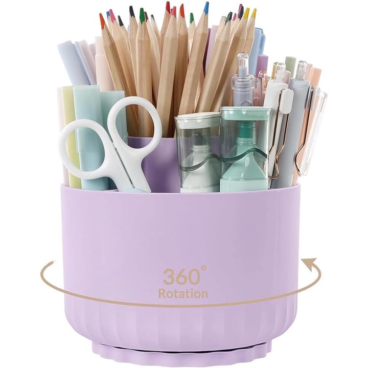 Suport articole birou ComResi®, organizator desktop rotativ 360°, 5 compartimente, 12x12x11cm, Violet