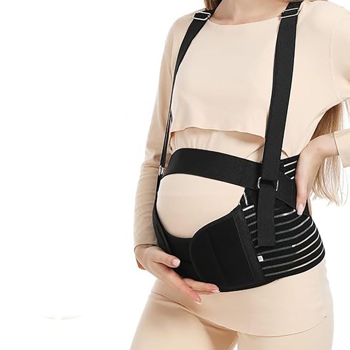 Centura de sustinere pentru sarcina, Suport corector ortopedic pentru abdomen, negru, XL, material textil, utilizare duala graviditate si postpartum