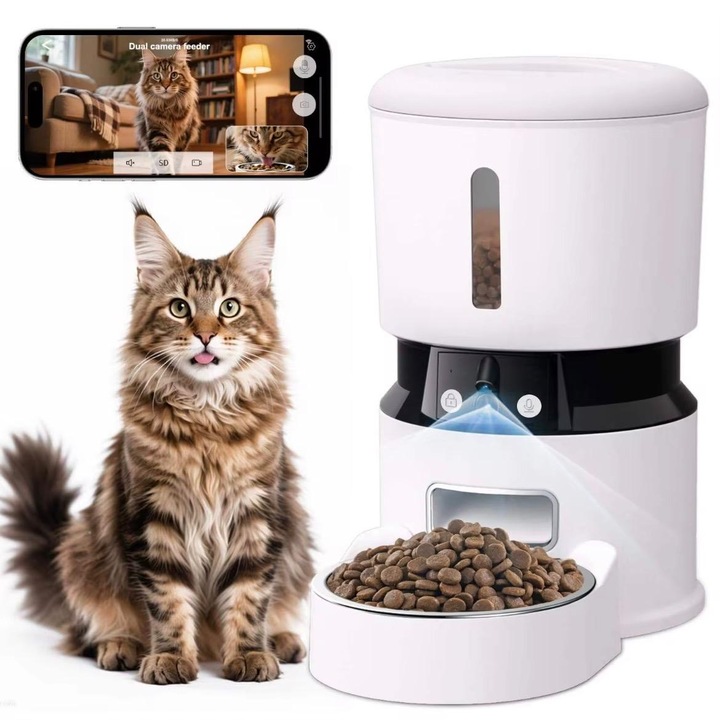 Hranitor Automat Pentru Caini si Pisici, ValpaSmart, WIFI, Camera Video Dubla FullHD, Inregistrare Vocala, Aplicatie Mobila, Programabil, Sursa Alimentare Dubla, Bol Inox, Senzor Lipsa Hrana, Vedere Nocturna, 4L