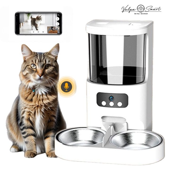 Hranitor Automat Dublu, Valpa Smart, Pentru Caini Si Pisici, Camera Video FullHD Wifi, Aplicatie Mobila, Vedere Nocturna, Inregistrare Vocala, Programabil, Sursa Alimentare Dubla, Bol Inox,4L