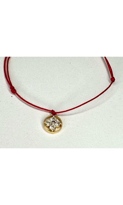 Bratara snur rosu, pandant auriu floare