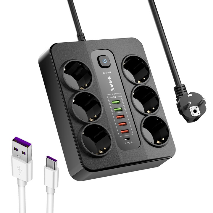 QELIRA® 3000 W удължителен кабел с подаръчен кабел за данни, 6 EU гнезда и 6 USB порта (5 USB-A и 1 тип C), 2M кабел, мулти-безопасна защита, дизайн против кръстосване, черен