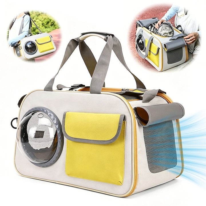 Rucsac Transport Animale Mici cu Hublou, Yulinland, Pliabil, Ventilat, Impermeabil, Respirabil, Pentru caini si pisici, Maxim 16kg, 45x28x26cm, Galben