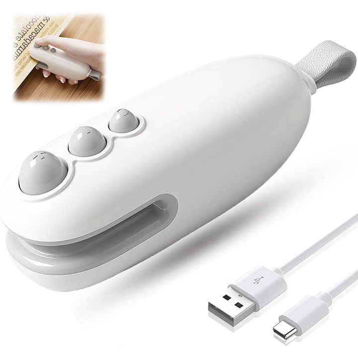 Mini zacskó lezáró, USB töltés, vágópengével, mágnessel, fehér