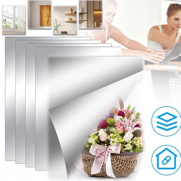 Set 5 autocolante de perete tip oglinda, EXCITAT®, Tip oglinda decorativa, 3D, DIY, Reflexie de inalta definitie, Instalare usoara, Potrivit pentru o varietate de scene de acasa, 20x15cm, Argintiu