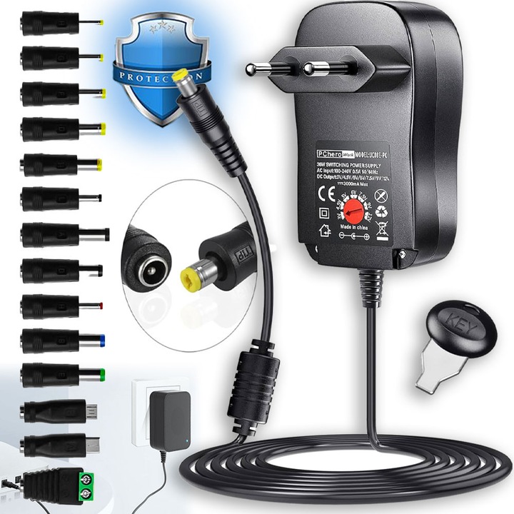 Állítható stabilizált tápegység, EXCITAT®, 30 W, 3V 4,5V 5V 6V 7,5V 9V 12V, Stabilizált transzformátoros tápegység 14 csatlakozódugóval, többfeszültségű adapter, AC-DC, LED-szalag routerekhez, CCTV kamerákhoz, TV Box WLAN-hoz, fekete