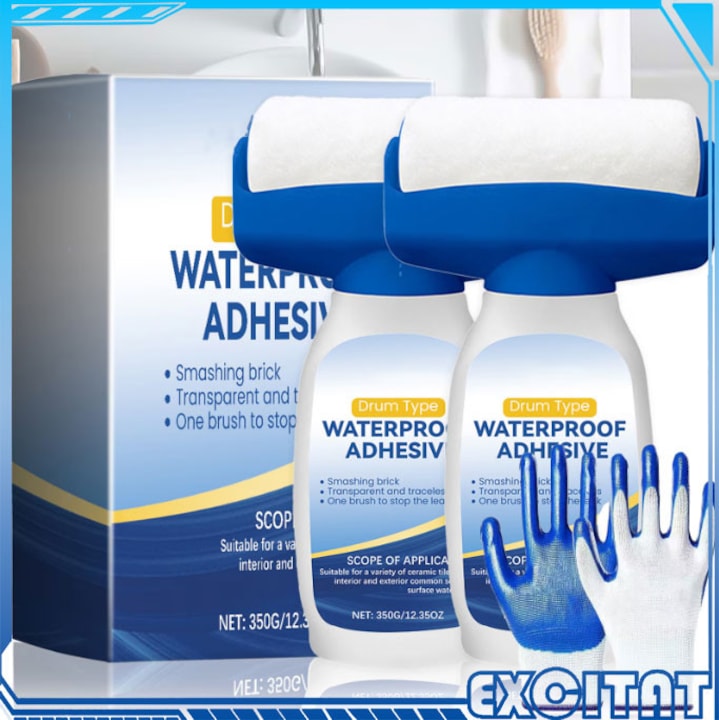 Adeziv Impermeabil Transparent pentru Etansare, Excitat®, Set 2 Etansant Izolator Rezistent la Apa, Agent Hidroizolator pentru Multiple Suprafete, Adeziv Uscare Rapida si Uniforma, Acoperire sigilanta, Include rola, Manusi, Transparent, 350 g x 2