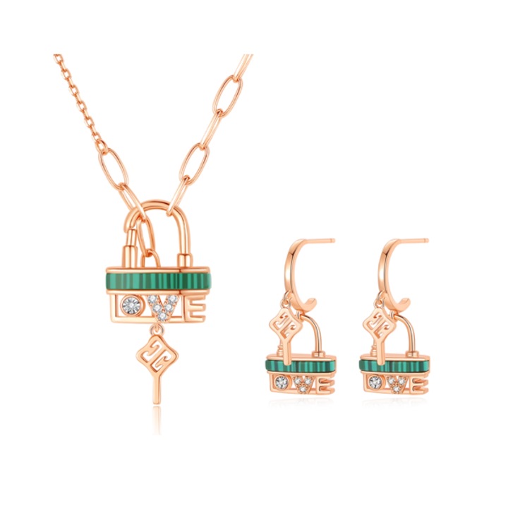 Női ékszer, TZSXL0499&TZSED0500, "Locked Love" nyaklánc és fülbevaló szett, 18k rose gold galvanizálással