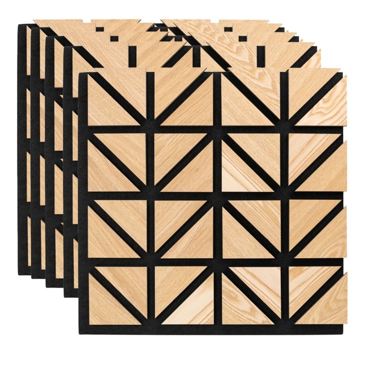 Set 5 Panouri riflaje acustice decorative, HDF si pasla, Naimeed D6751, 50x50x1.8cm, Stejar