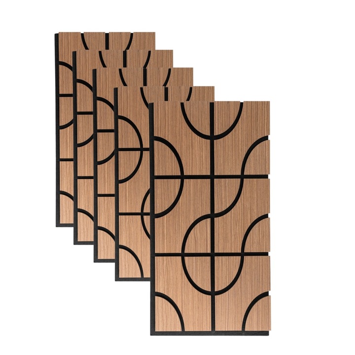Set 5 Panouri riflaje acustice decorative, HDF si pasla, Naimeed D6756, 90x45x1.8cm, Stejar Inchis