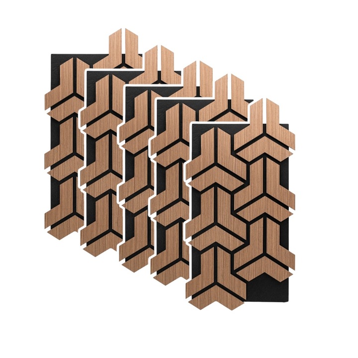 Set 5 Panouri riflaje acustice decorative, HDF si pasla, Naimeed D6761, 90x45x1.8cm, Stejar inchis