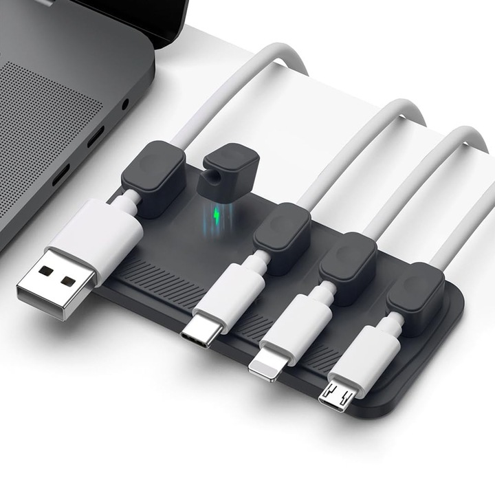 Organizator de cabluri, Suporturi autoadezive pentru cabluri, Axroad Mall, Cu 5 locuri, Fixare, legare si organizare, Suporturi autoadezive pentru diverse tipuri de cabluri, Autoadeziv pentru birou, masa, noptiera, Din silicon, 8x3.98 cm, Negru
