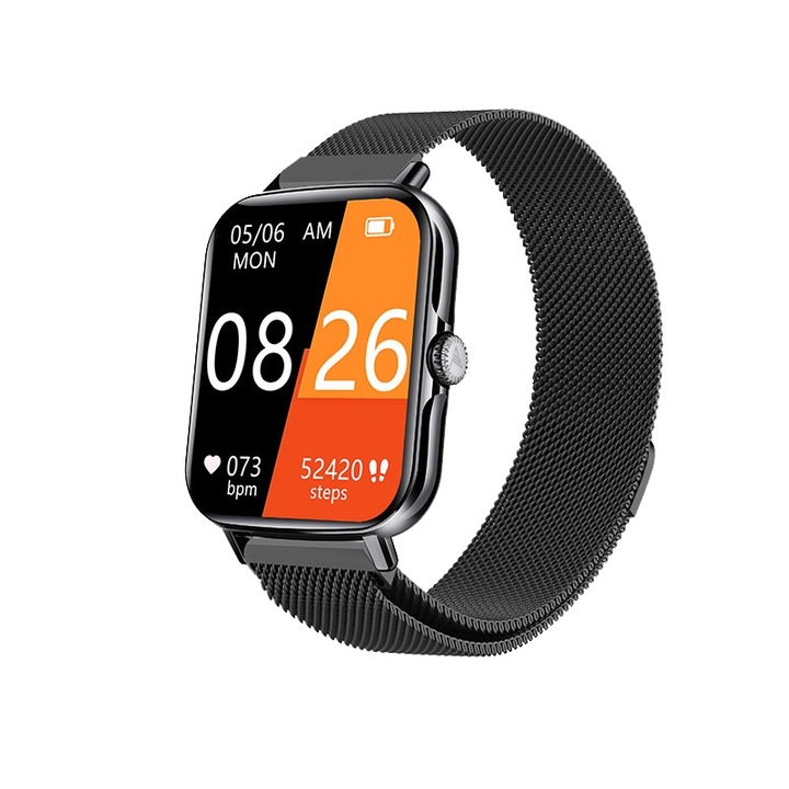 Smartwatch ArKode™, Black Steel, bratara si carcasa metalica, ecran IPS, monitorizare pasi, calorii active, preluare apeluri, mesaje text, mesaje vocale, multiple moduri sport, waterproof