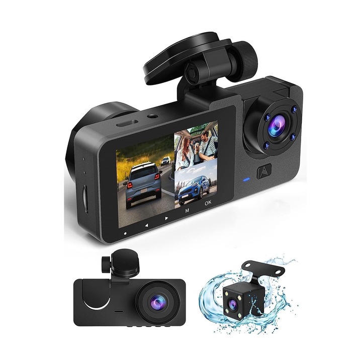 Arkode Y15 Dash kamera, hármas rögzítés, Full HD 1080P, 3 lencse, 170°-os ultraszéles látómező, 2" IPS kijelző, éjjellátó, háromszoros felvétel, elöl, hátul, autóbelső, hurokrögzítés, mozgásérzékelő, matt fekete