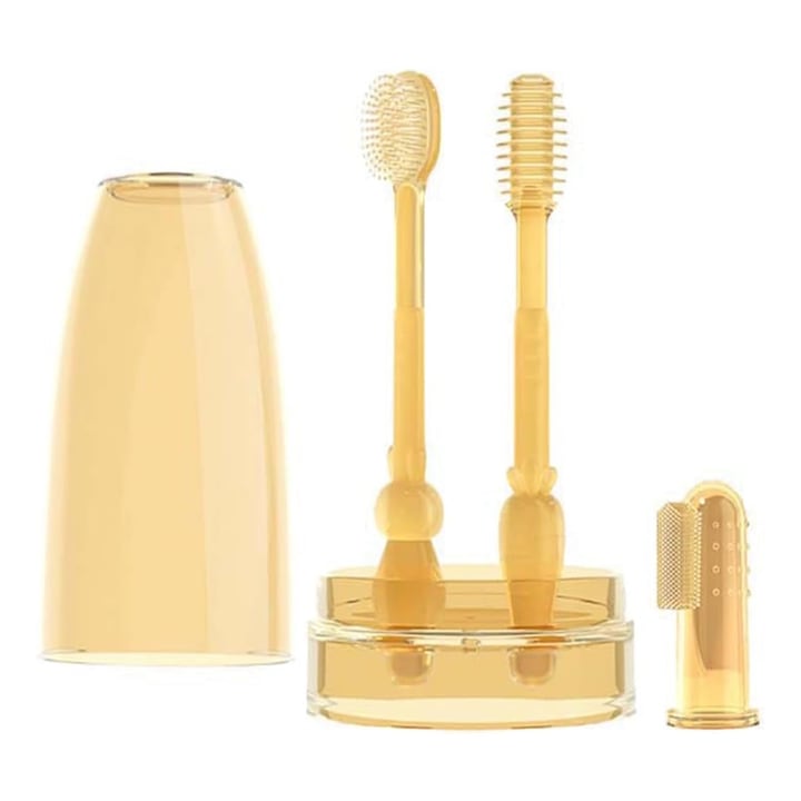 Fogkefe szett, SINBINTA, Babafogkefe és nyelvtisztító, Edzőpohárral és ujjas fogkefével, Elősegíti a helyes szájhigiénés szokások kialakítását, Szilikon, 0-1 év