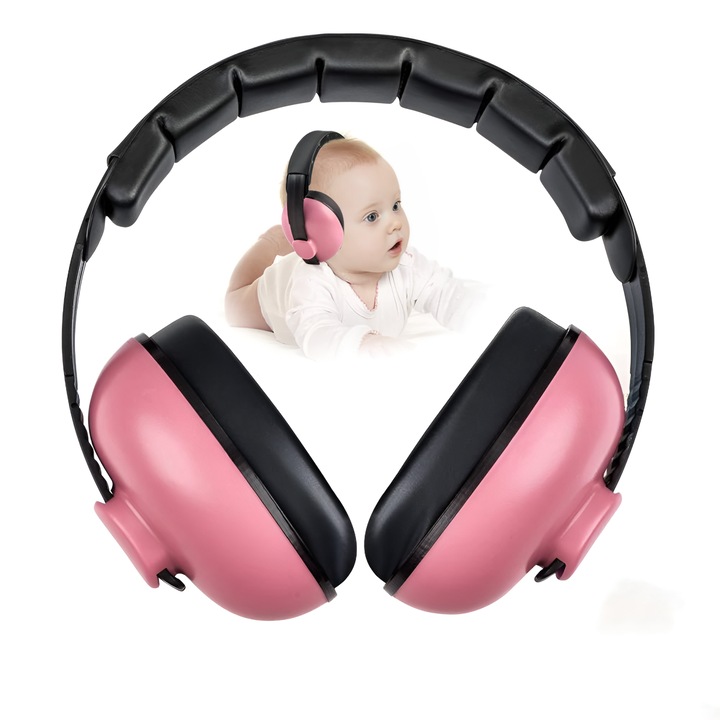 Protectie pentru urechi pentru copii, roz, reglabil, potrivit pentru 0-3 ani, protejeaza auzul, reduce zgomotul, Tyrael-SEA