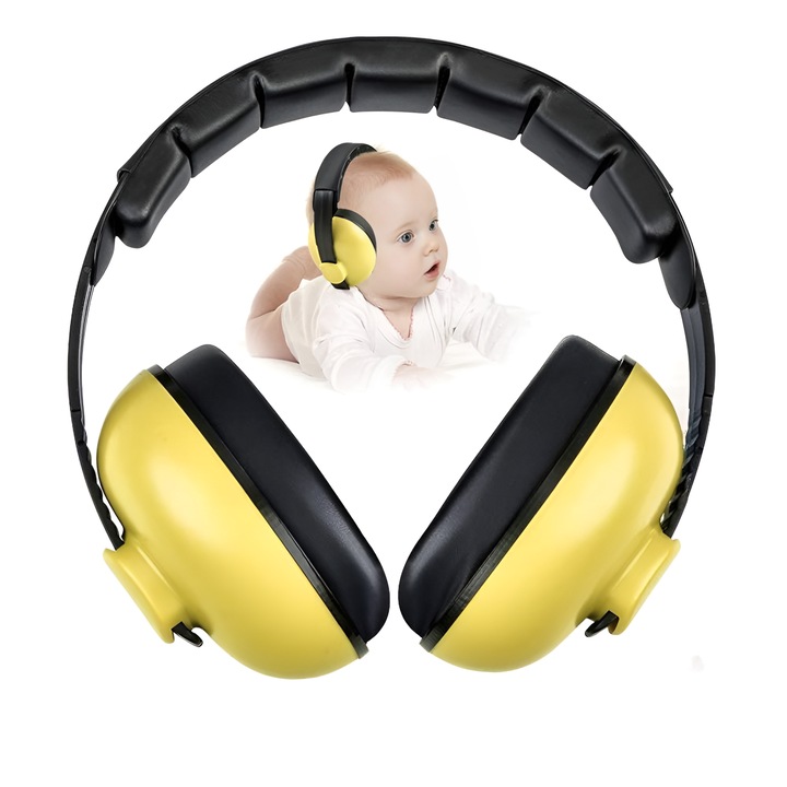 Protectie pentru urechi pentru copii, galben, reglabil, potrivit pentru 0-3 ani, protejeaza auzul, reduce zgomotul, Tyrael-SEA