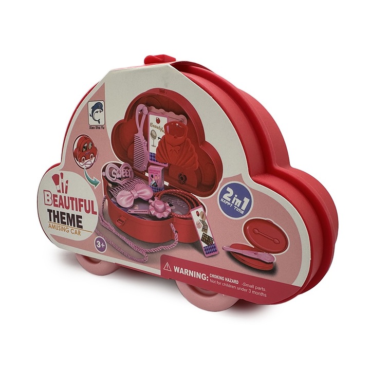 Set trusa interactiva, HappyTime, 2 in 1, tematica frumusete, 18 accesorii, 18 cm, + 3 ani, rosu, Vision XXI