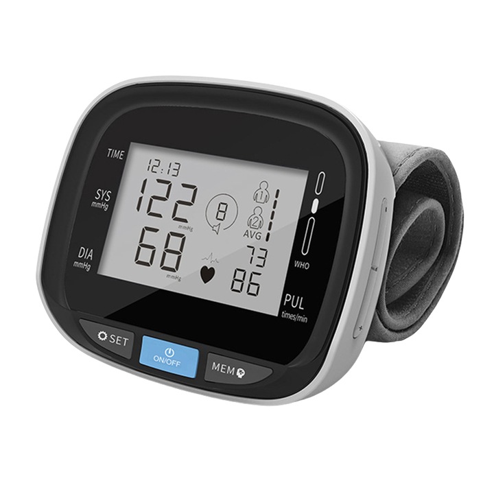 Monitor electronic inteligent de tensiune arteriala, afisaj digital LCD, masurare la incheietura mainii, functionare complet automata, difuzare vocala, mic si portabil, alb