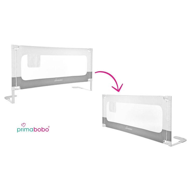 Bariera protectie pat, Primabobo, Velvo, Rabatabila, Instalare usoara, Inaltime reglabila 69-80 cm, Lungime 200 cm, Cu plasa respirabila, Sistem unic de pliere, Conform EN71, Alb/Gri