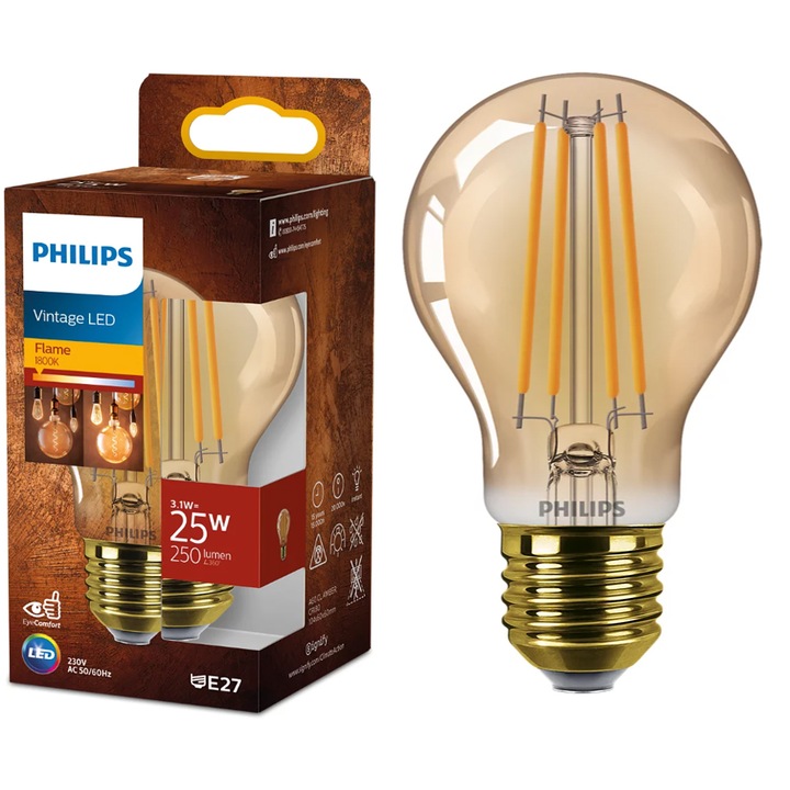 LED крушка Philips, Винтидж, С кехлибарена жичка, A60, E27, 3.1W (25W), 250 lm, Топла светлина (1800K), Златист