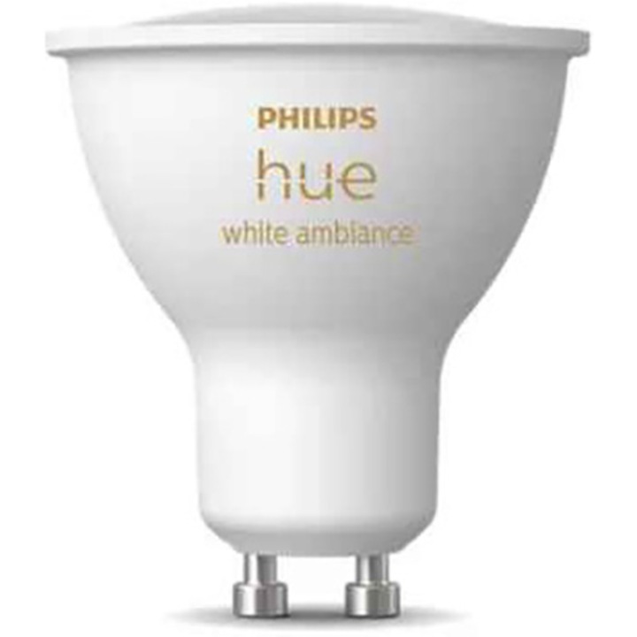 Смарт LED крушка Philips Hue, Bluetooth, Zigbee, GU10, 4.2W, 400 lm, Регулируема температура на бялата светлина (2200K-6500K), Бял, Енергиен клас E