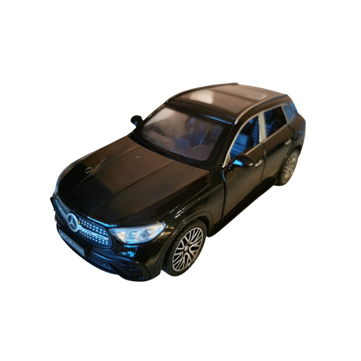 Fém modell, Mercedes GLC 400, fekete, méretarány 1:32, minden ajtó nyitva, világítás, hang, ütés és indulás, VisionXXI