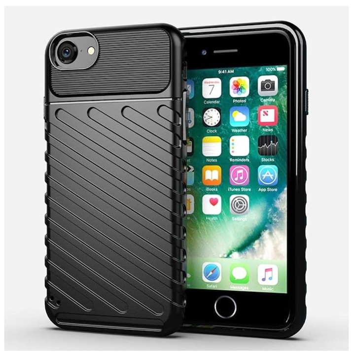 Противоударен гъвкав калъф, съвместим с Apple iPhone 7/8/SE 2020, G-Tech Rugged Thunder, елегантна текстура, черен