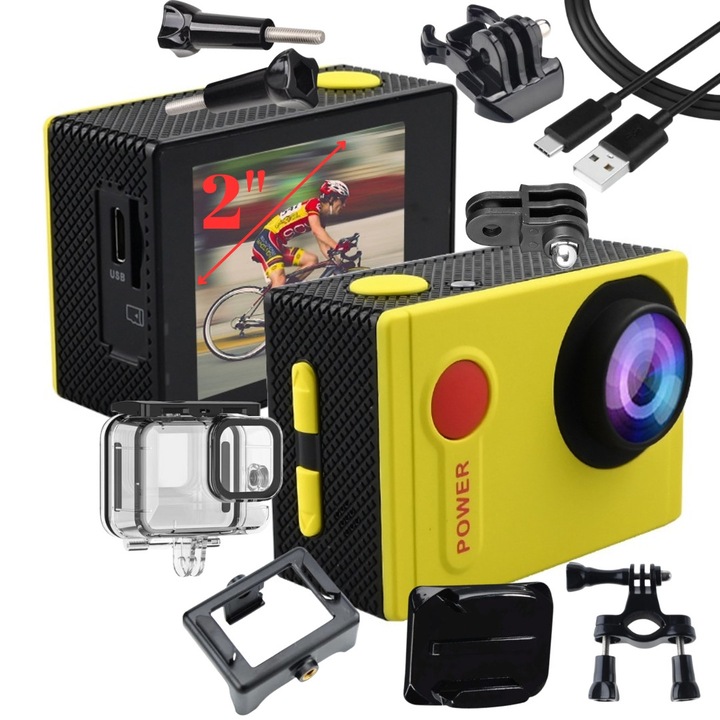 Camera video sport, SMARTIC®, waterproof, FullHD 1080p, 30FPS/14MP, unghi reglabil 140°, baterie 900mAh, autonomie 1.5 ore, Kit Accesorii inclus, galben