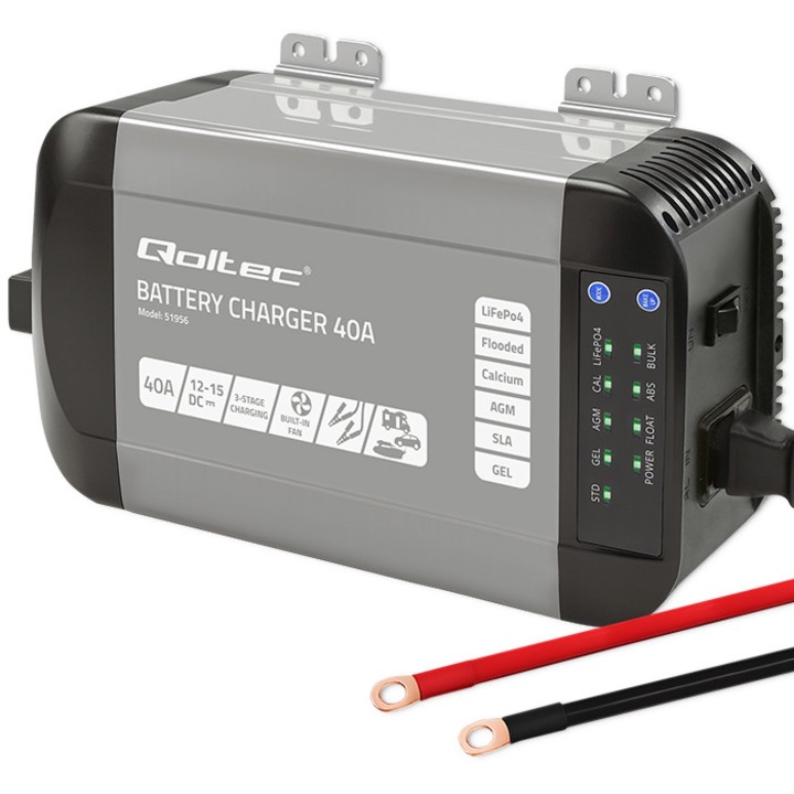 Incarcator auto inteligent Qoltec Monolith 40A 12V, universal pentru acumulatori LiFePO4, AGM, GEL, SLA, calciu, cu incarcare in 3 etape, racire activa, protectie multipla, functie memorie, durata viata extinsa