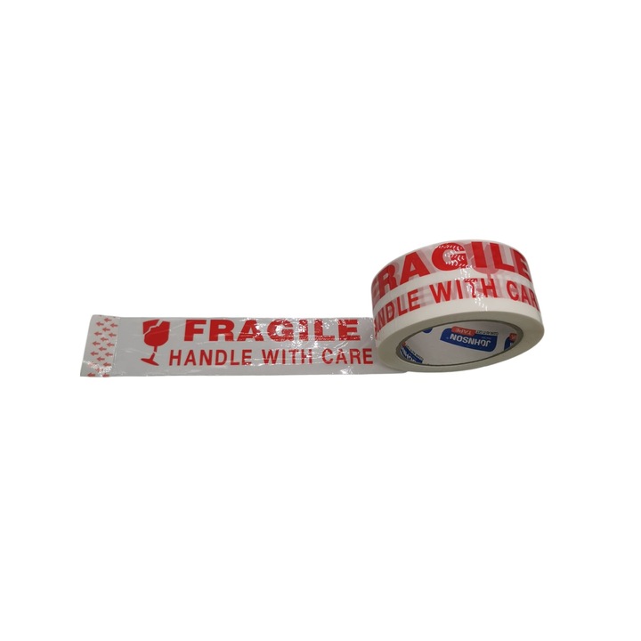 Banda Adeziva cu inscris "Fragil - Handle With Care", alb si rosu, VisionXXI, 5cm x 65m