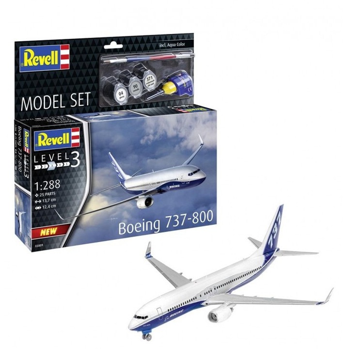Avion de construit Boeing 737-800 Revell, 25 elemente, 137mm lungime, 8ani+, 1:288