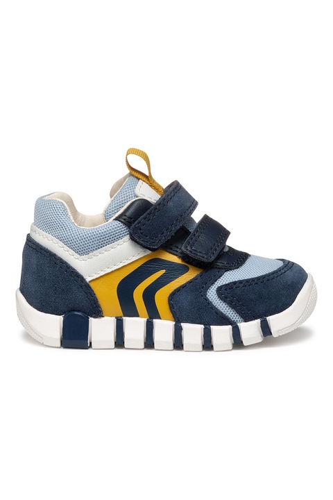 Geox, Pantofi sport cu velcro, model colorblock si garnituri din piele intoarsa, Albastru pastel/Bleumarin