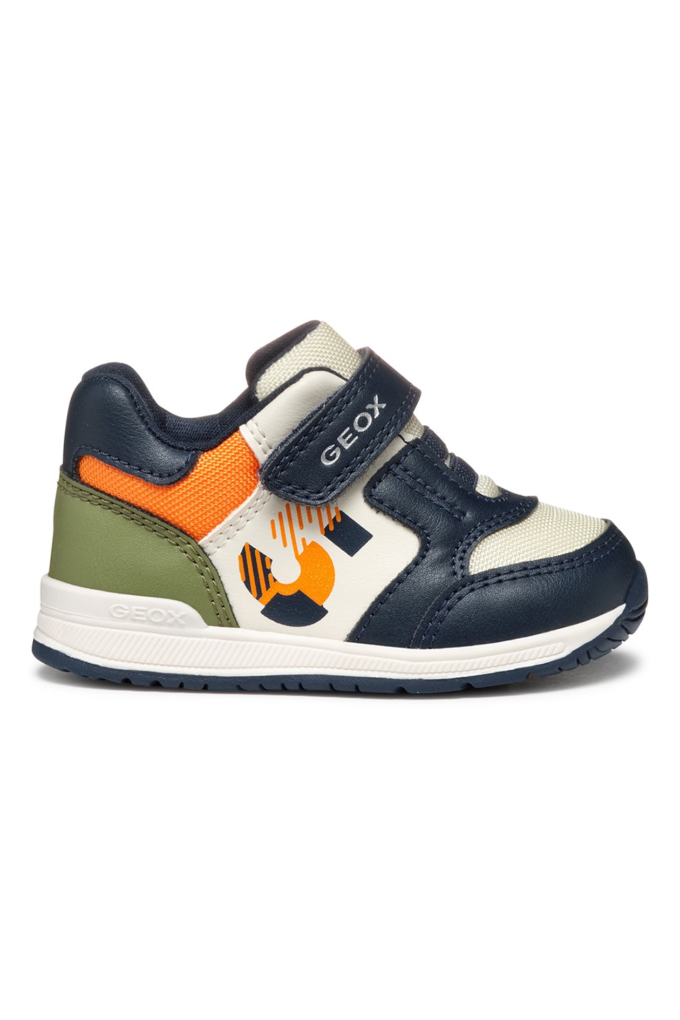 Geox, Pantofi sport din piele ecologica cu insertii din material textil, Portocaliu, Bleumarin, 18 EU